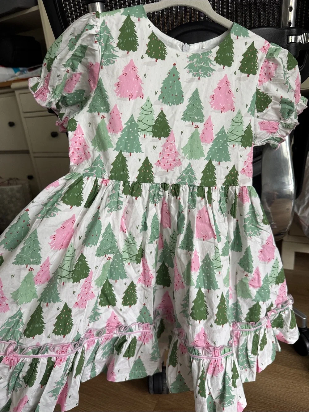 Girls Holiday Tree Print Dress in Green & Pink - (Brand)